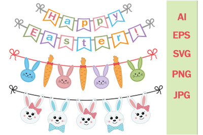 Easter garlands of hares and carrots, festive clipart