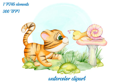 Cute tiger clipart with watercolor illustration, snail, mushroom clip
