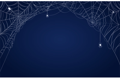 Spider web banner. Halloween spooky decorated background with cobwebs