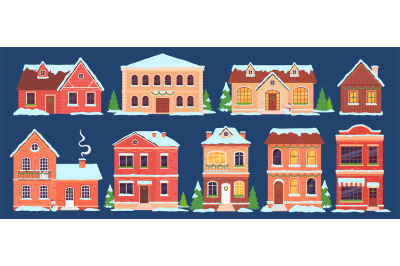 Christmas houses. Buildings with snow caps decorated for winter holida