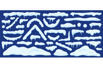 Cartoon snowdrifts. Winter snow piles, drifts, window and roof caps, l