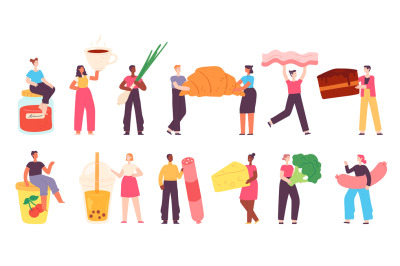 Tiny characters with food. People with grocery shop products, vegetabl