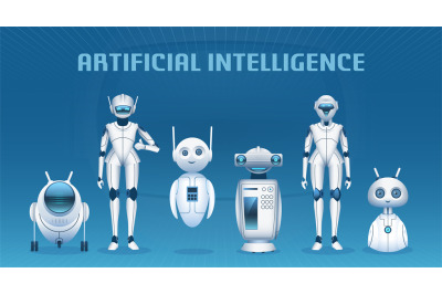 Robot group. Cartoon modern artificial intelligence characters, androi