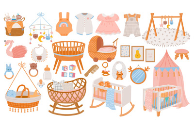 Newborn accessories. Nursery room interior elements, furniture and dec