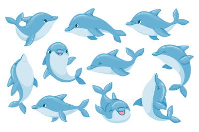 Dolphin characters. Funny dolphins jump and swim poses. Oceanarium sho