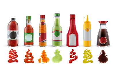 Realistic sauces in bottles. Hot chili, tomato ketchup, guacamole, mus