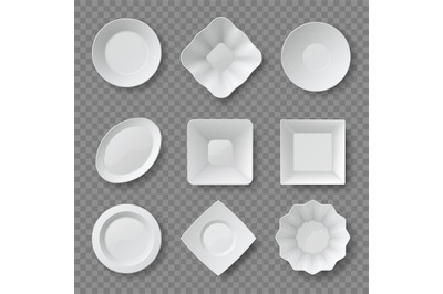 Realistic food plates. Empty white round and square dishes and bowls.