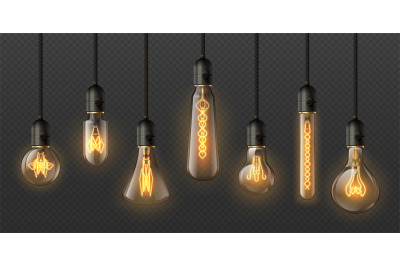 Realistic edison light bulbs. 3d retro hanging steampunk lamps with in