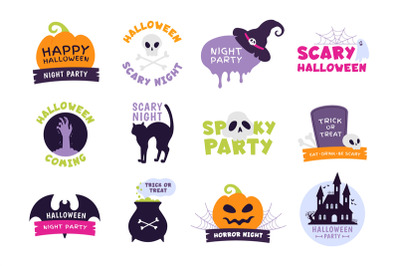 Halloween logo. Trick or treat labels and sticker for scary holiday wi