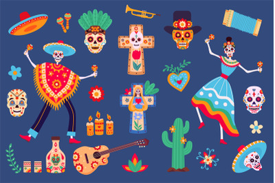 Day of dead elements. Skeleton characters in mexican clothes, sugar sk