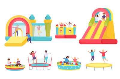 Children jumping on trampolines. Cartoon boys and girls in bouncy cast