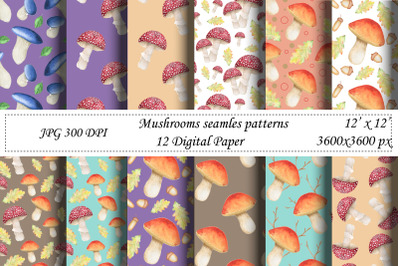 Watercolor mushrooms seamless pattern.Wrapping paper,fabric