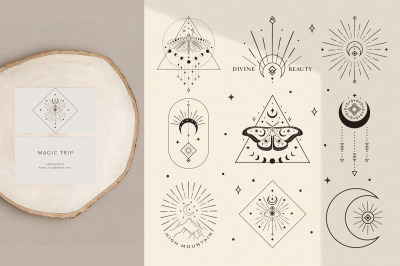 Divine Beauty Pre-Made Logo Designs. Esoteric mystic symbols. Tattoo.