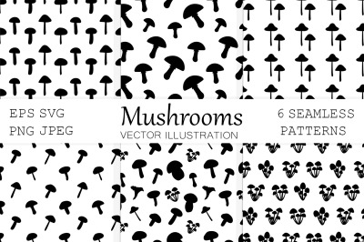 Mushrooms pattern. Mushrooms silhouettes. Mushrooms graphics