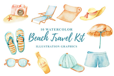 10 Watercolor Beach Travel Kit Illustration Graphics