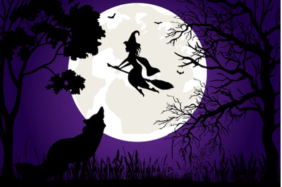 cute witch and moon landscape