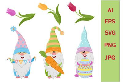 Easter spring gnomes and tulips&2C; clipart