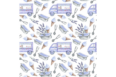 Lavender ice cream watercolor seamless pattern. Ice cream van