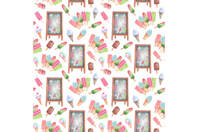 Ice cream shop watercolor seamless pattern. Ice cream set