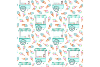 Ice cream cart watercolor seamless pattern. Ice cream set. Ice cream