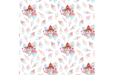 Ice cream dessert watercolor seamless pattern. Ice cream set. Summer