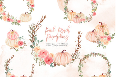 Pink Autumn pumpkin clipart&2C; Watercolor Fall Pumpkin &2C; Greenery Floral