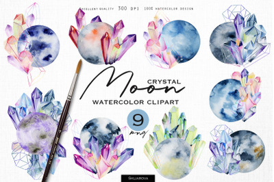 Watercolor crystal moon clipart