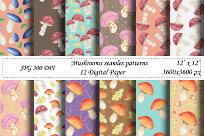 Watercolor mushrooms seamless pattern.Wrapping paper,fabric