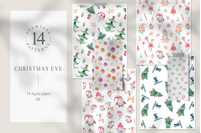 Watercolor Christmas seamless patterns. Digital paper pack