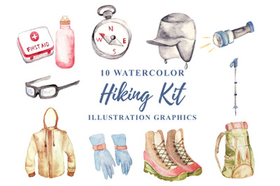 10 Watercolor Hiking Kit Illustration Graphics