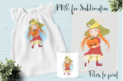 Halloween little witch sublimation. Design for printing.