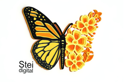 3d floral butterfly mandala SVG, DXF cut files. Layered Butterfly Svg.