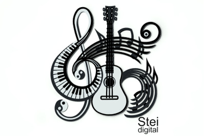 3D Layered music guitar SVG, DXF cutting files. Treble clef Svg.