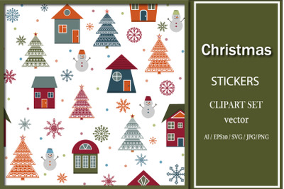 set of Christmas-themed stickers and clipart