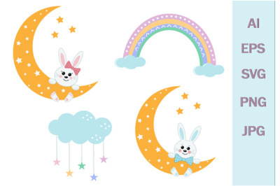 Cute Bunnies on the Moon&2C; SVG format