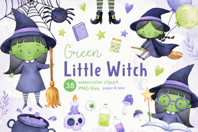 Green Little Witch Watercolor Halloween Clipart, Cute Witch PNG