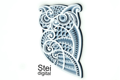 3d Owl mandala SVG, DXF cut files. 3d layered Owl SVG.