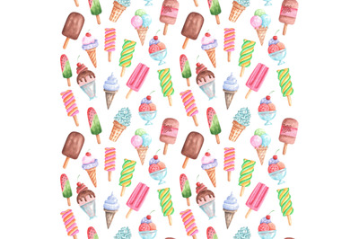 Ice cream watercolor seamless pattern (digital paper). Ice cream set.