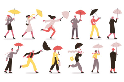 Characters walking under umbrella. People with umbrella in autumn rain