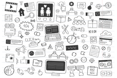 Social media doodle elements. Network hand drawn social media symbols