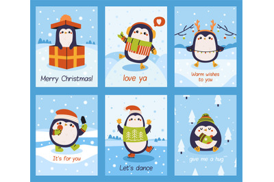 Cute penguin cards. Xmas penguin mascots posters, winter holidays love