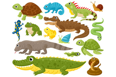 Cartoon amphibians and reptiles. Serpent&2C; reptile and amphibians&2C; frog