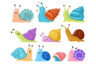 Cartoon snail. Garden snails mascots, cute little gastropods in colour