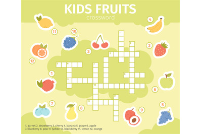 Summer fruits crossword. Educational crossword kids game with lemon&2C; a