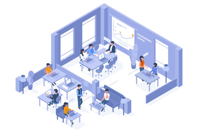 Coworking isometric office. Freelancer coworkers in open office space,