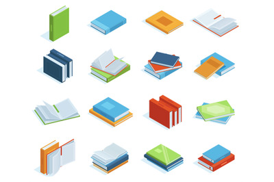 Isometric books. Bookstore or library books, education brochure, encyc