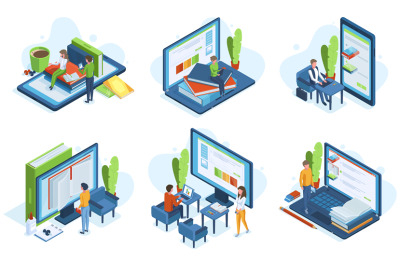 Isometric people online education. Distance learning, 3d characters le