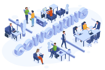 Isometric coworking concept. Freelance business people work in open of