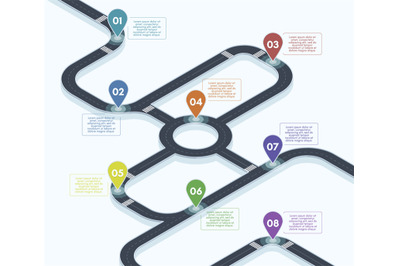 Isometric roadmap. City street road map infographic, 3d road timeline