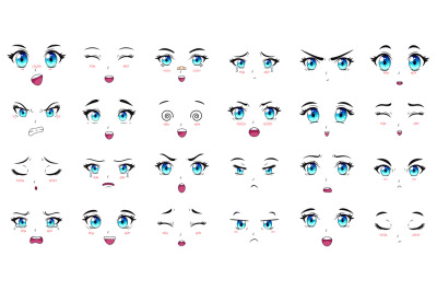 Cartoon anime characters eyes, eyebrows and mouth expressions. Manga f